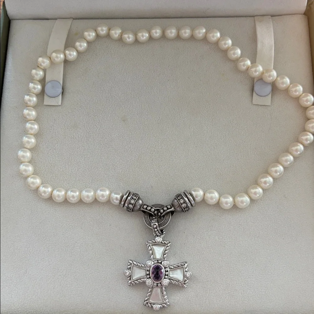 Judith Ripka faux pearl necklace with fitting for pendants and MOP Maltese cross